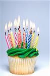 A cupcake covered in colorful birthday candles.