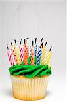 A cupcake covered in colorful birthday candles.