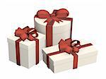 Three boxes with gifts, fastened by tapes. Object over white