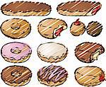 Various donut pastries rough sketchy illustration