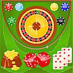 Vector illustration of casino elements: roulette, chips, dice and cards.