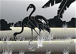 The vector image of silhouettes of two flamingos.