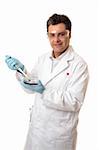 Scientist, biologist or other profession using a single manual pipette on a white background.