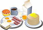 Complete breakfast, isometric-style illustration: bacon, eggs, bread, milk, pancakes, grapefruit, juice