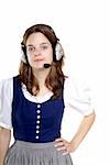 a young woman in dirndl with a headset on
