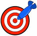 red and white bullseye with blue dart hitting target