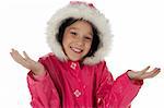 Young girl in a pink raincoat with woolly hood, making an "I don't know" expression