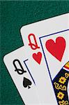 Close up of pocket QQ - a very strong hand in texas holdem poker