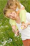 Happy mother with his daughter picking daisies