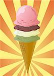 Ice cream cone illustration, diiferent flavored scoops