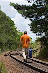 Man walking on a railroad with his suitcase