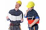 Two construction workers with architectural plans on white background