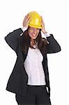 angry businesswoman with helmet on white background