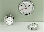 Time passing concept - wall clock, alarm clock and a chronometer - 3d render
