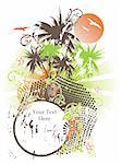 Grungy summer design with palms, flying seagulls, flowers and with a detached place for sample texts. Holiday