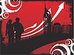 city background of arrows and silhouette couple, wallpaper