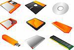 Storage media, vector illustrations, 3d isometric style: 3 1/2" floppy diskette, 5 1/4", cd, sd card, cf card, memory stick, usb pendrive, external hard disk, ram  memory