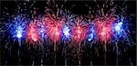 Digitally enhanced firework. Red and blue row of rockets. Banner (panorama) format.