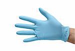 hand in blue latex glove with the five fingers extended  isolated in white