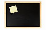 A empty black chalkboard with yellow note. Isolated on white background