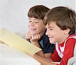 Two Little Boys Reading a Story in Bed