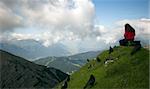 Walkers and black birds on the Top in the Alps - Seefelder Spitze ( 2220 m),  Austria.
