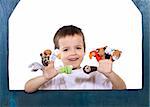 Smiling kid playing with finger puppets - isolated