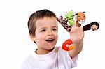 Happy boy playing with finger puppets - isolated