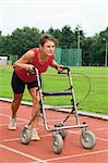 Disabled athlete at the starting line with her walker. Caricature picture to illustrate disability, ability, getting older, not wanna quit.