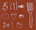 Collection of food and kitchenware icons on a brown background