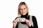 Attractive Buinesswoman holding up money and smiling