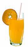 A tall glass of orange juice with a fresh slice on the edge, isolated against a white background