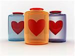 abstract 3d illustration of hearts in bottles over white background