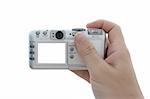 Digital camera in hand with blank white screen (easy to add any image)