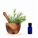 Rosemary herb leaves in an olive wood mortar with pestle and an aromatherapy essential oil blue glass bottle, over white background.