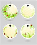 Set of vector spring labels with grass and ladybugs