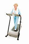 Healthy senior woman walking on a treadmill.  Full body isolated on white.