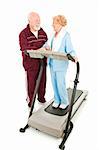 Senior man flirting with a senior woman at the gym.  Full body isolated on white.