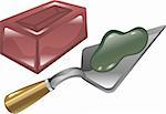 Red brick mortar and trowel shiny icon illustration