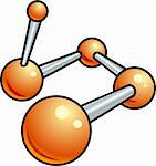 A shiny molecule illustration icon made up of glossy orange balls and metallic bars