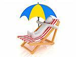 3d render of chaise longue, person and umbrella.