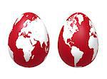two 3d red eggs with earth texture over white background, isolated