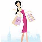 Woman with shopping bags in town. High detailed vector Illustration.  See similar pictures in my portfolio!