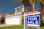 Blue Foreclosure For Sale Real Estate Sign in Front of House.