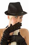 nice close up of beautiful blond girl with black gloves and hat