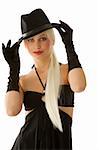 cute portrait of beautiful blond girl with black gloves and hat