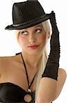 cute blond girl with black hat and gloves