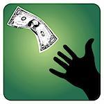 One-dollar bill flying away from a hand. Vector available