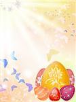 Easter background with eggs and butterflies. Sun glad colors