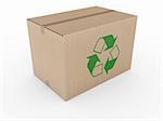 3d rendering of a cardboard box with a recycling logo.